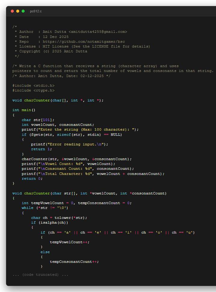 Write a C function that receives a string (character array) and uses pointers to count and return the total number of vowels and consonants in that string.